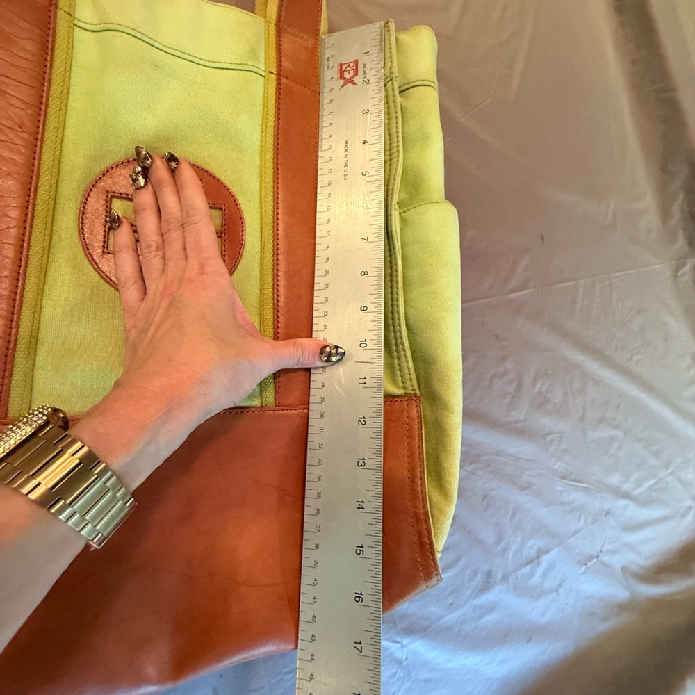Tory Burch Large Lime Green Canvas Brown Leather Tote Bag MSRP $358 - Picture 6 of 16